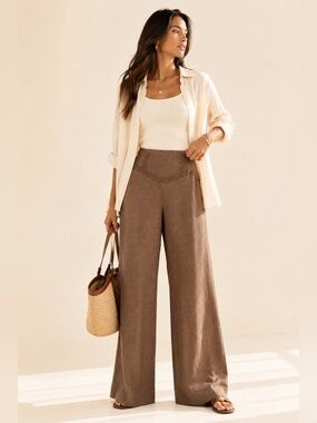 Y2K Jane & John Linen Blend Wide Leg Pants Floral Lace Detail Size 14